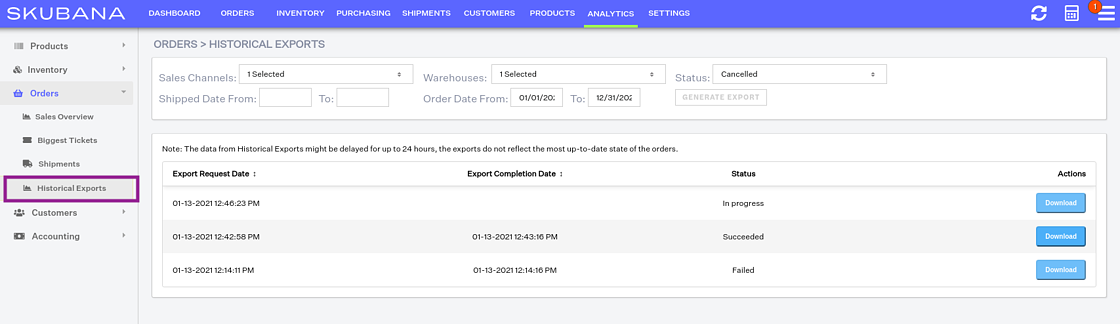 Historical Order Export