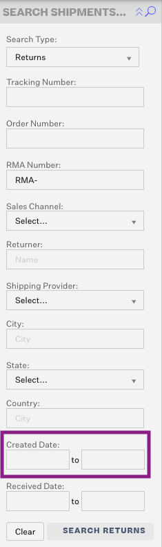 Search Shipments RMA-1