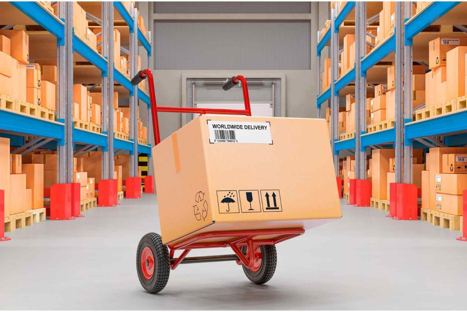 hand truck with cardboard box in warehouse