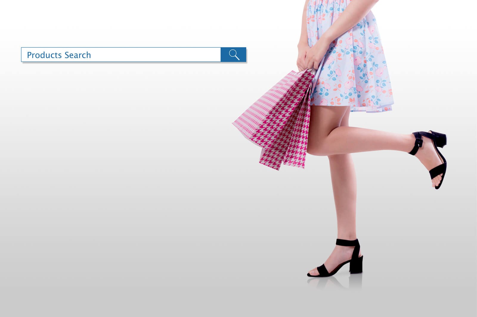 shopping woman with product search button